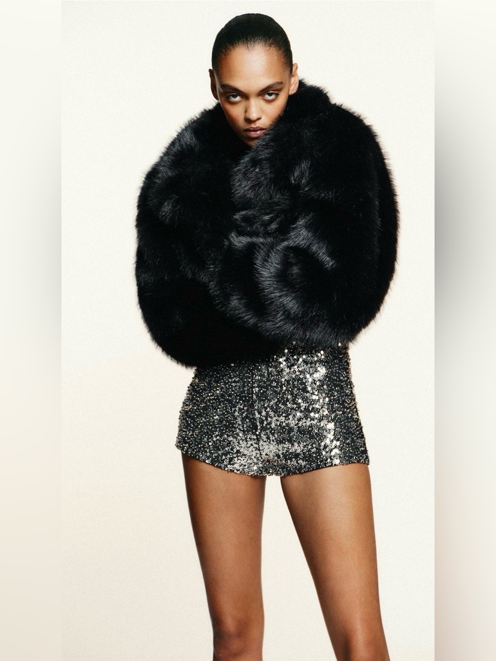 Zara NWT Black Faux Fur Cropped Jacket Plush Winter Coat